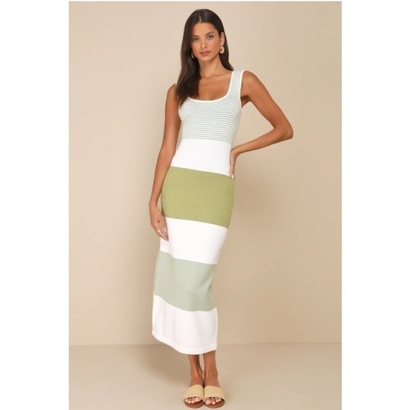 Lulus Dresses & Skirts - Lulus Sage Green Striped Ribbed Knit Sleeveless Midi Sweater Dress Medium NWT